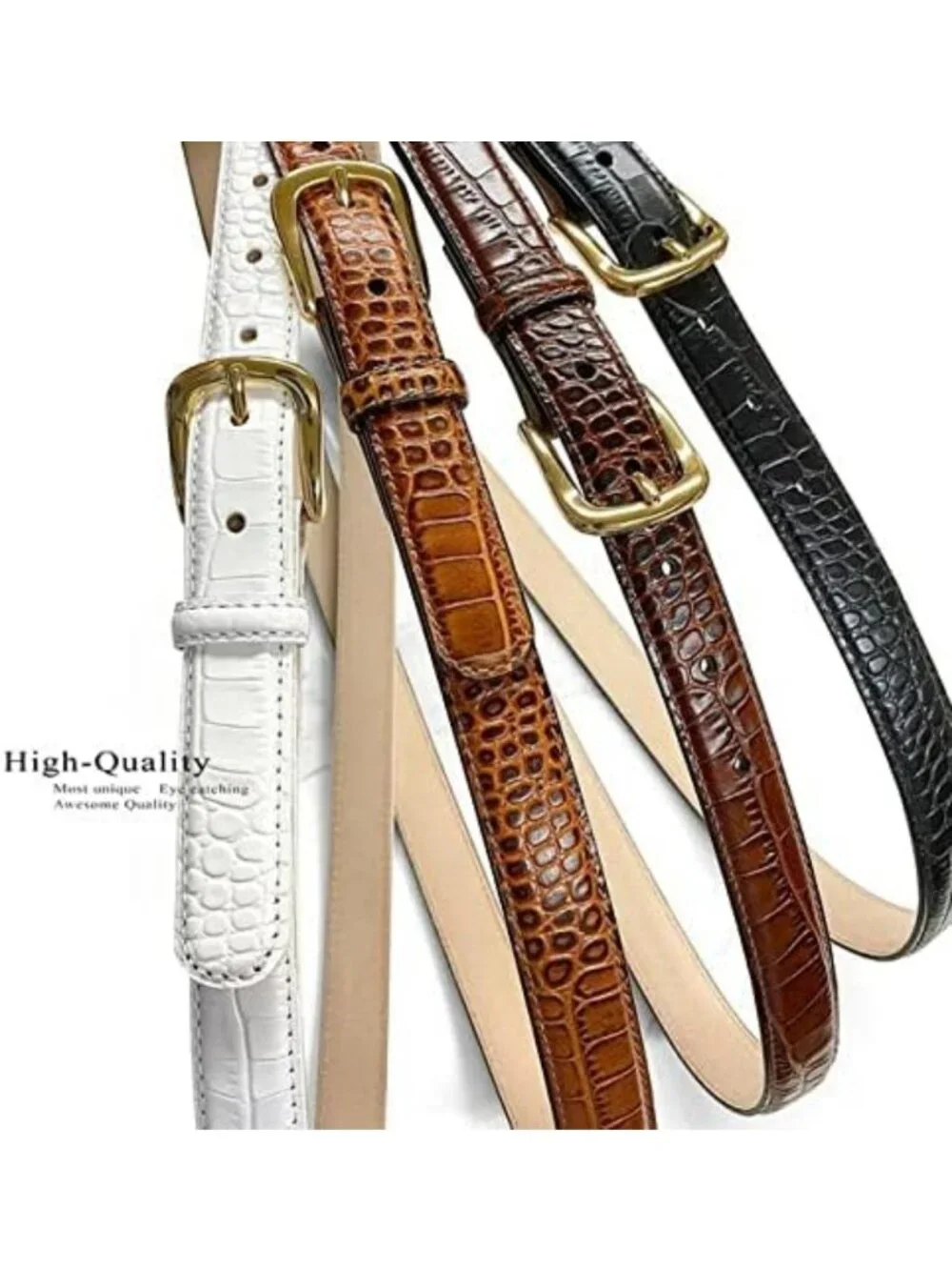 Full-Grain Cowhide Leather Dress Belt with Solid Brass Gold Buckle - 1-3/8